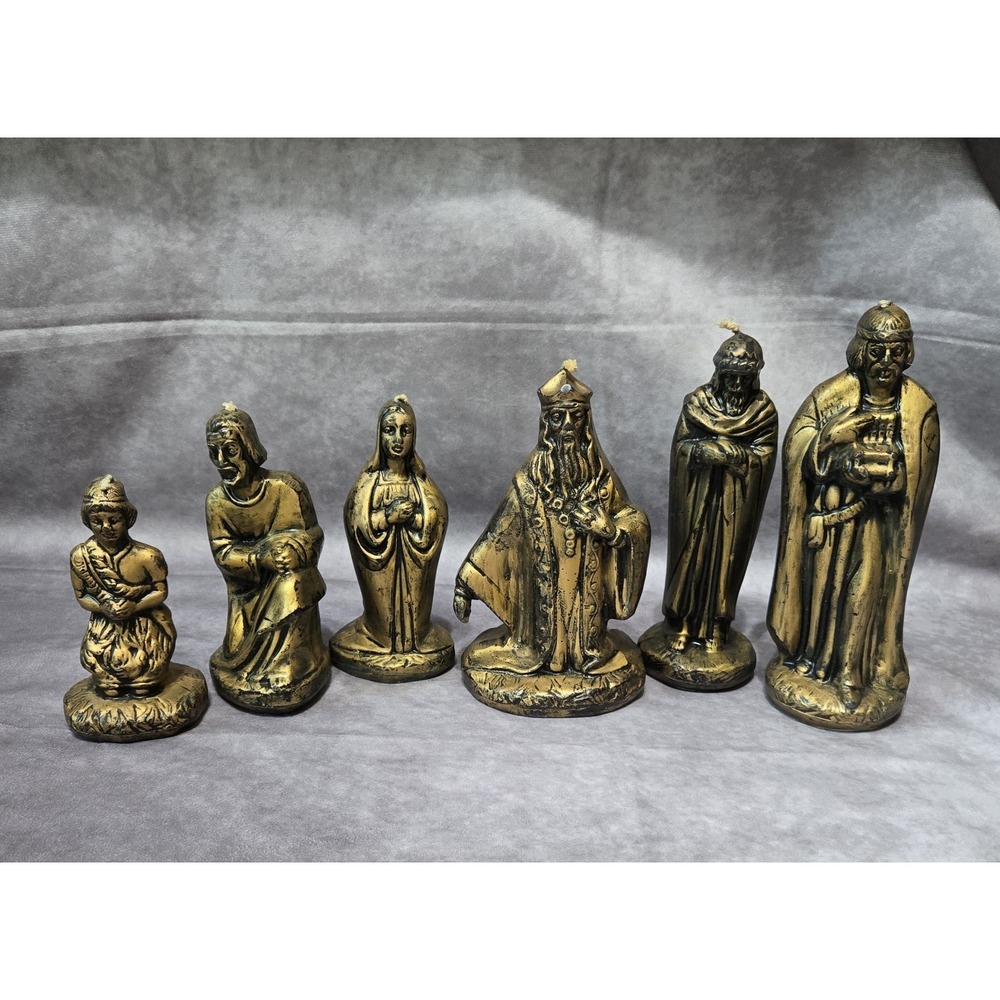 Vintage Gold/Bronze Color Wax Candle Nativity 6 Pieces